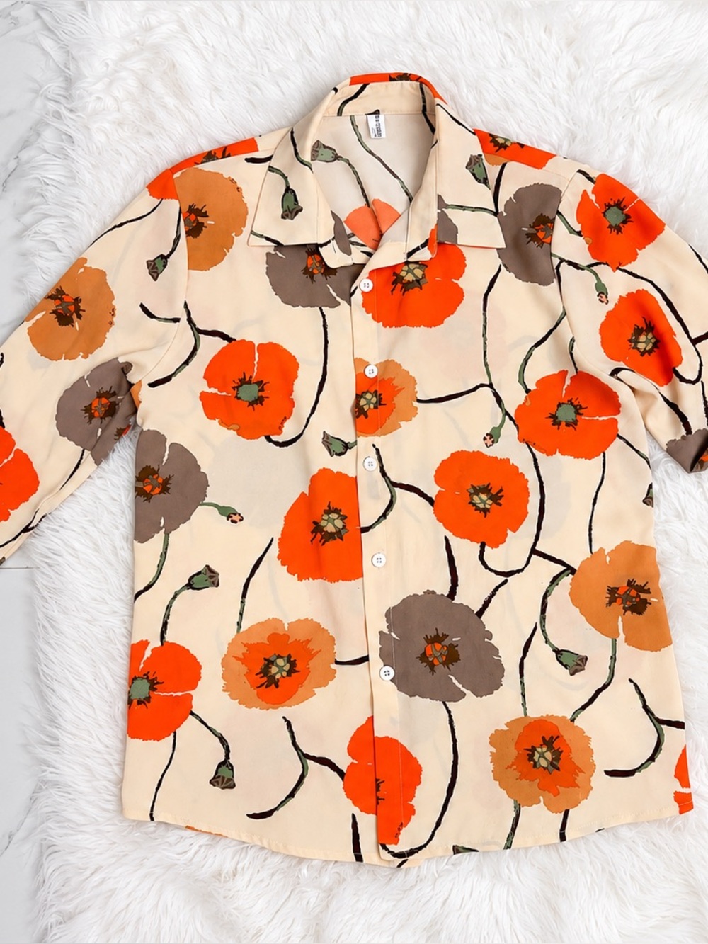 Floral Button-Down Blouse – Orange & Beige
